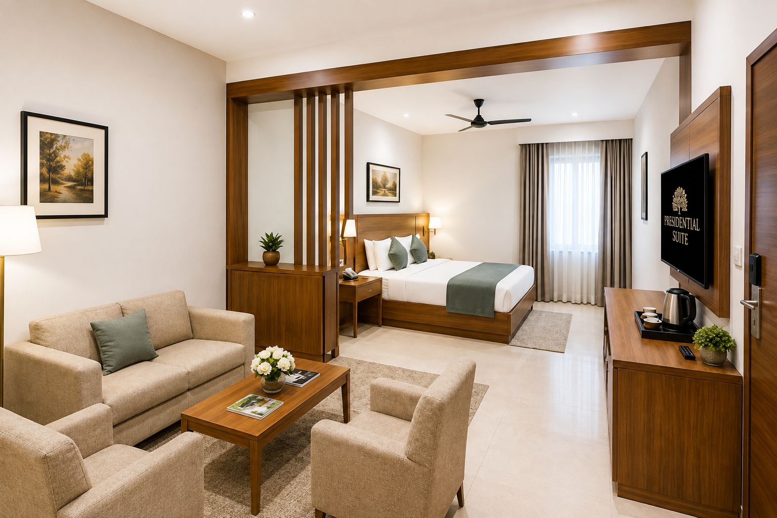 Quarto de hotel com cama, sofá, mesa de centro, televisão e escrivaninha.
