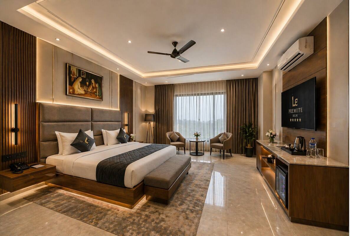 A modern hotel room with a large bed, a desk, a TV, and a ceiling fan.