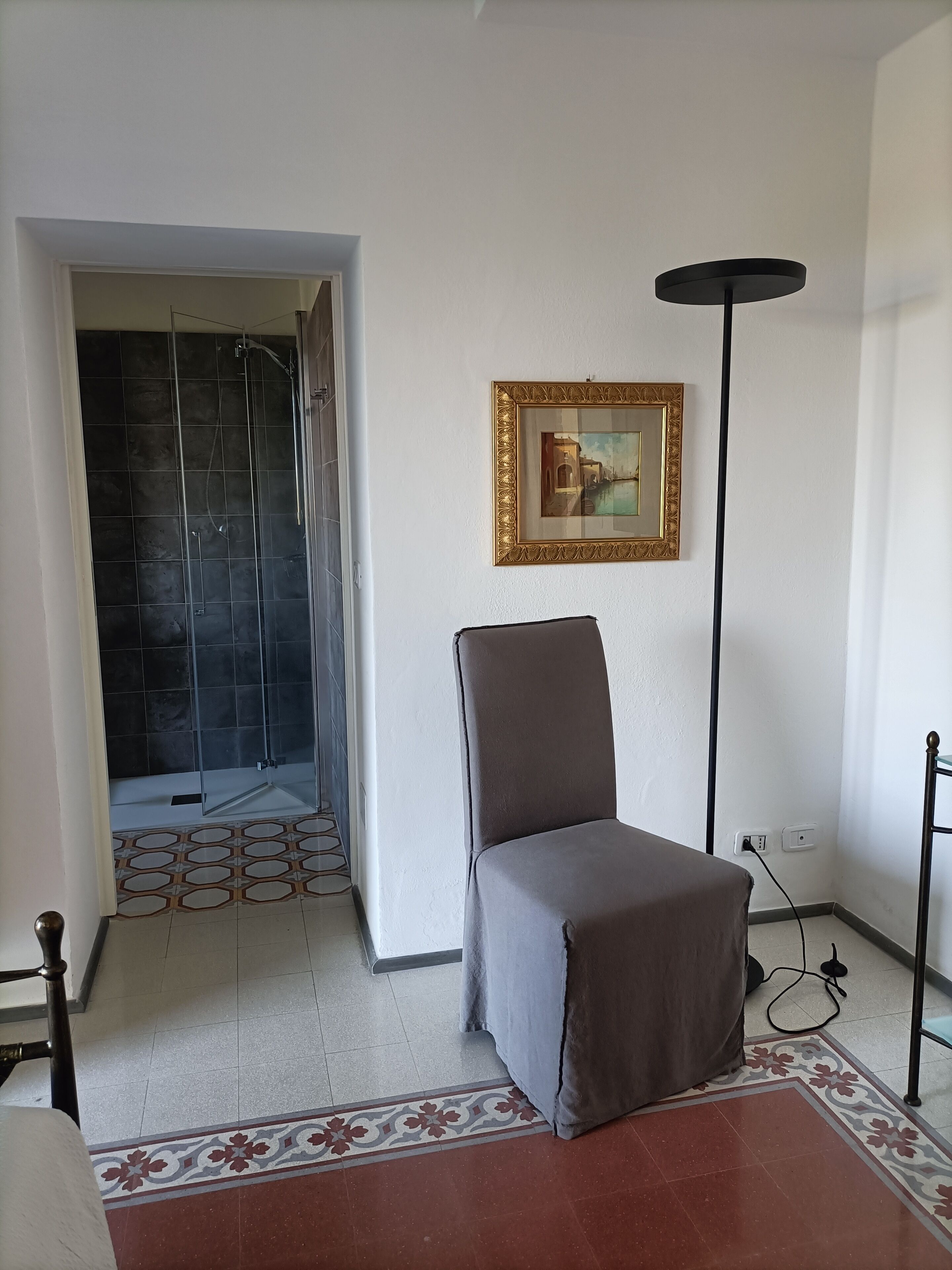 A room with a shower, a chair, a floor lamp, and a painting on the wall.