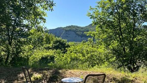 Deux fauteuils en osier et une petite table ronde, le tout dans un cadre naturel avec des arbres et une montagne en arrière-plan.
