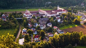 A village with traditional architecture, a church, and surrounding greenery. - Hotel & Restaurant Pelikan (Beuron)
