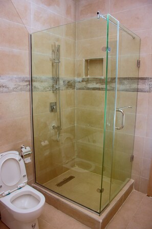 A glass-enclosed shower stall with a toilet adjacent to it. - Lekki Aprt/pool/gym/sleeps 6/ Freep/tv/wifi (Lekki)