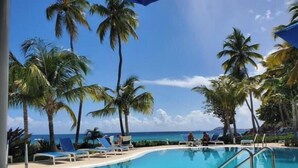 Zona de piscina con sillones de descanso y palmeras, rodeada de un cielo azul despejado.