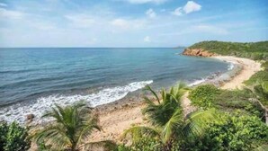 A beach with clear blue water, sandy shore, and lush greenery. - Marie's Oceanfront Condo-1bdrm-3 Pools

 (St. Thomas)
