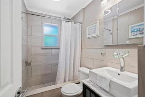 Shower, hair dryer, bidet, towels