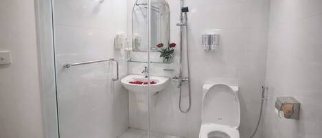 A modern bathroom with a glass shower enclosure, a pedestal sink, and a toilet.