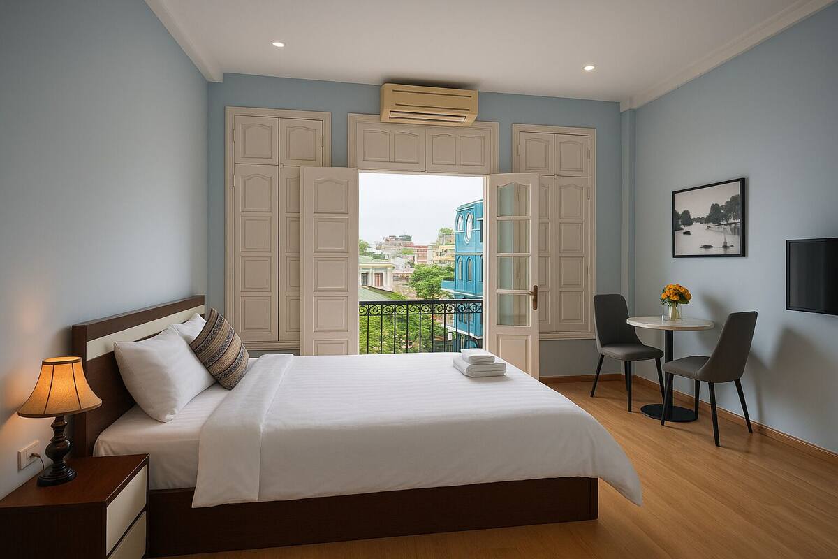 A hotel room with a bed, a desk, a chair, a lamp, and a view of buildings through open doors.