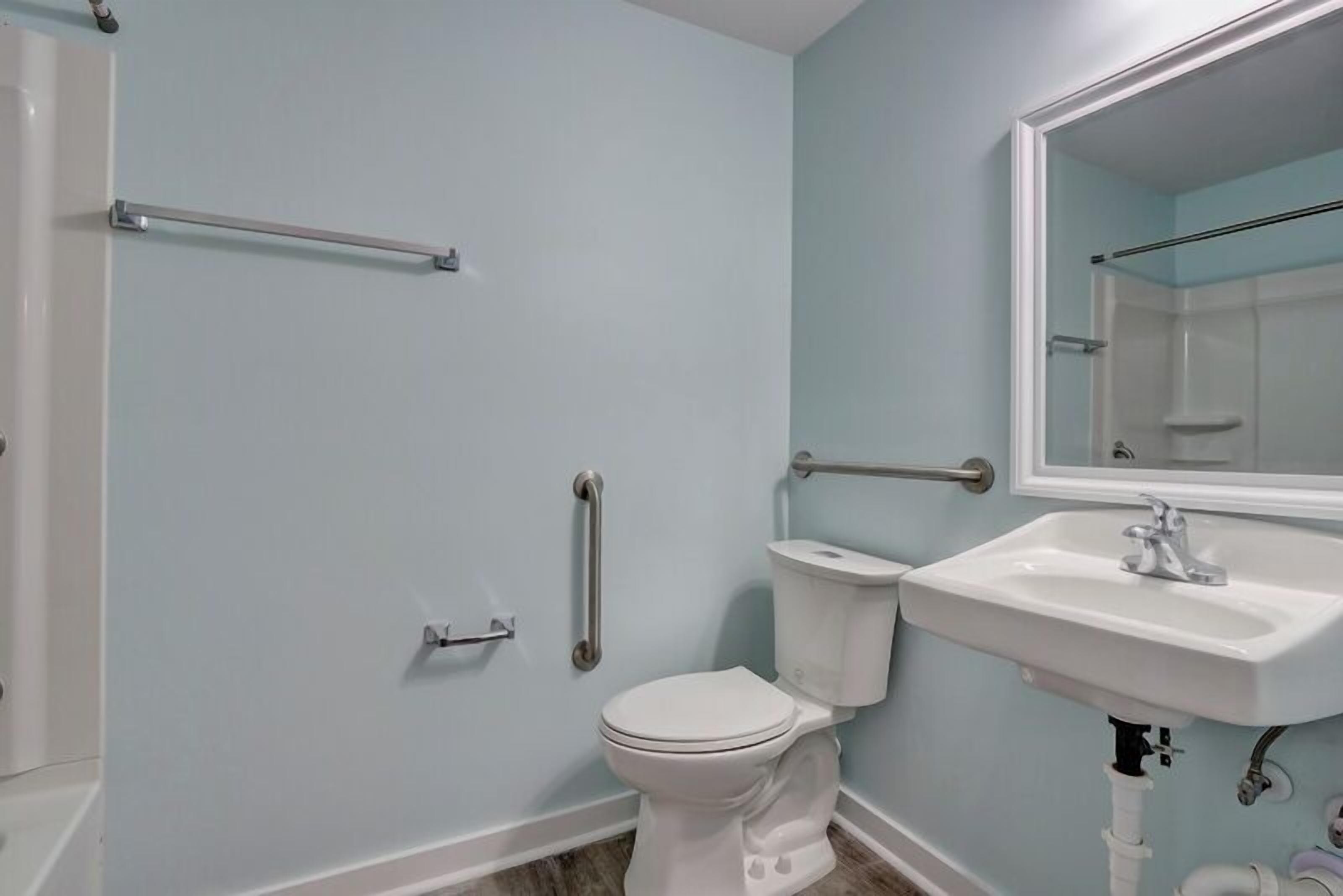A bathroom with a toilet, sink, and handrails.