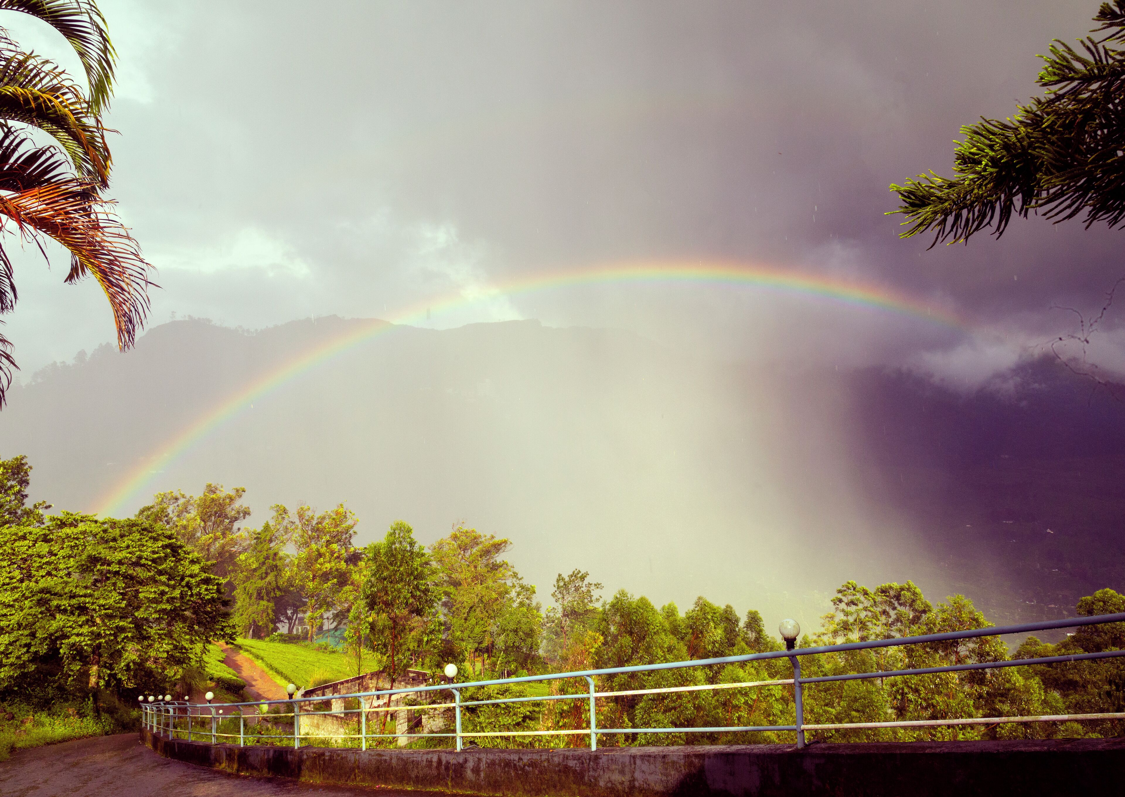 A scenic view of a lush green landscape with a rainbow over a mountainous area.