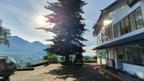 A modern building with large windows, a stone pathway, and a view of mountains. - Mount Valley Resort - A Secluded Getaway (Devikolam)