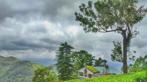 A house with a green roof, surrounded by lush greenery and a hilly landscape. - Mount Valley Resort - A Secluded Getaway (Devikolam)