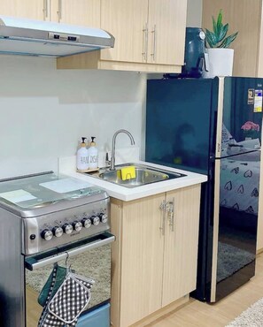 Fridge, microwave, stovetop, electric kettle