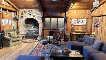 Smart TV, fireplace, books, video library