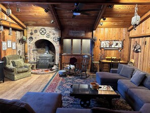 Smart TV, fireplace, books, video library