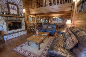TV, fireplace, books