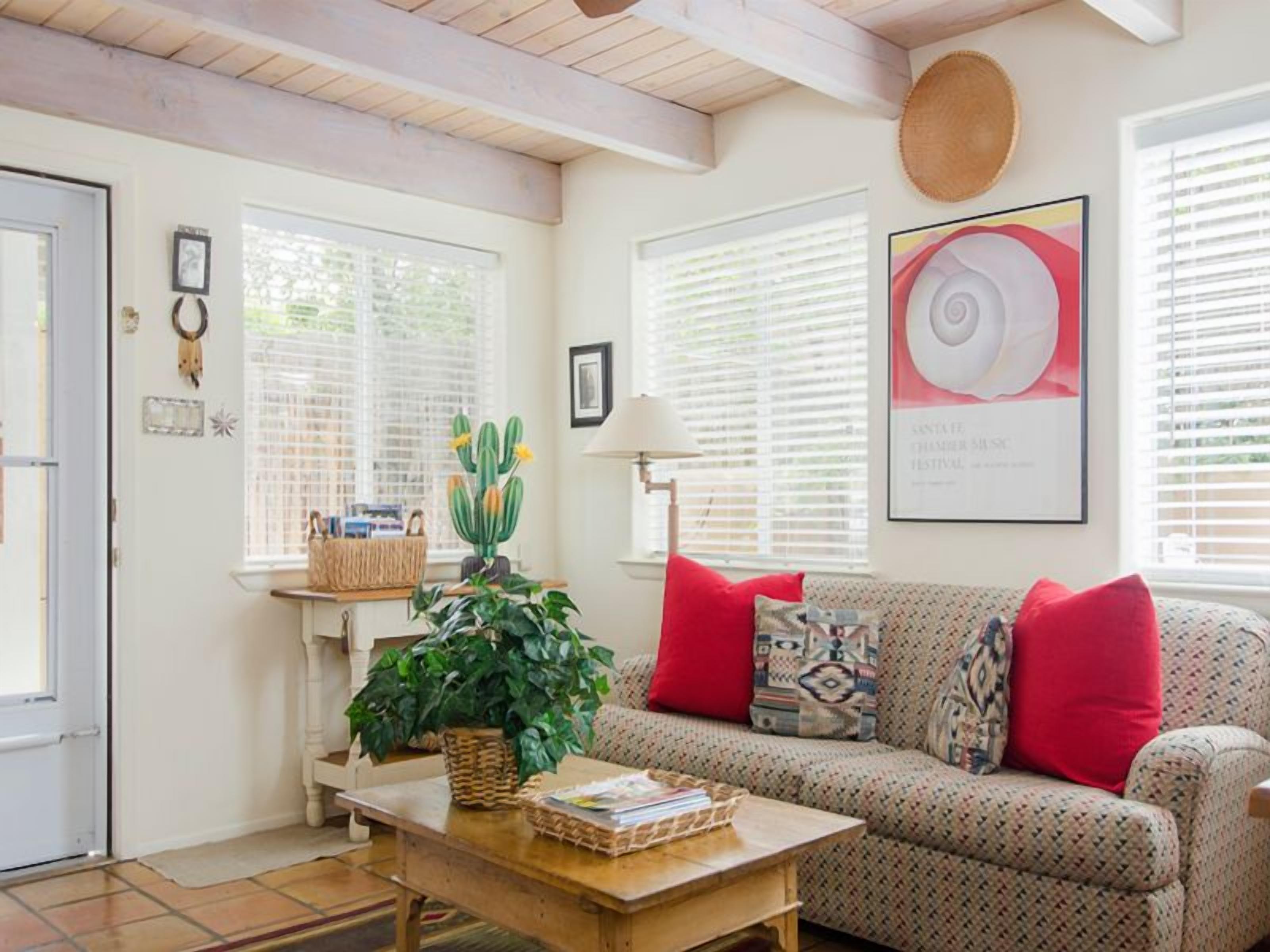 A living room with a patterned sofa, red cushions, a wooden coffee table, a cactus plant, and a framed artwork on the wall.