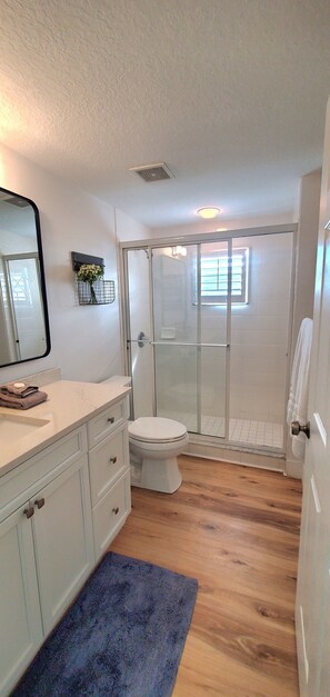 Hair dryer, towels, soap, toilet paper