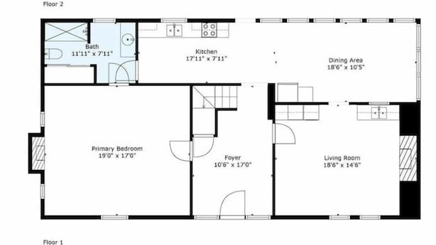 Een plattegrond van een twee verdiepingen tellend huis met een hoofdslaapkamer, logeerkamer, badkamer, keuken, eetgedeelte, hal en woonkamer.