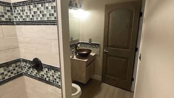 Hair dryer, towels, soap, toilet paper
