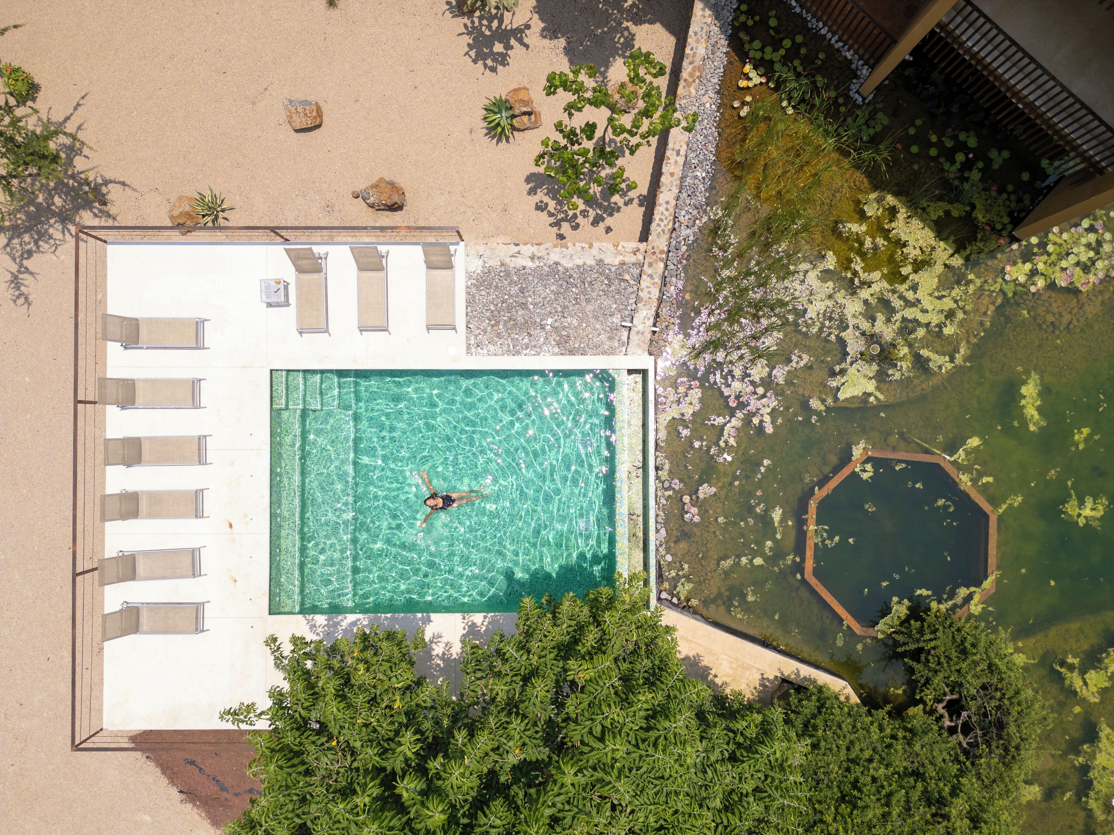 An aerial view of a swimming pool with a person in the water, surrounded by greenery and a small pond.