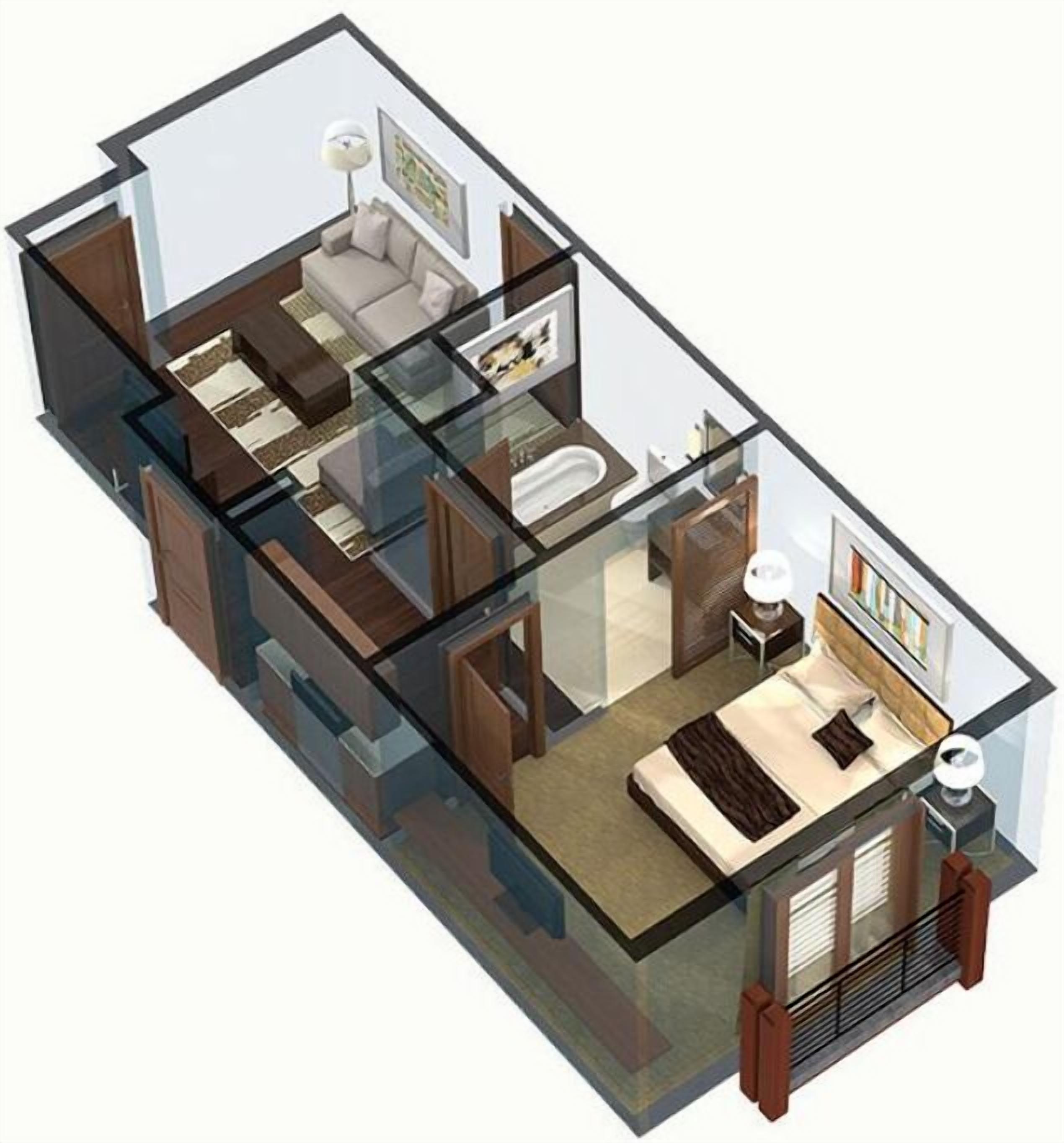 A 3D floor plan of a modern apartment with a living room, kitchen, and bedroom.