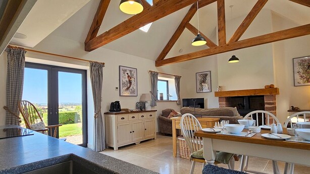 A spacious kitchen with a dining area, large windows, and a fireplace.