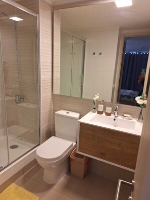 Shower, hair dryer, towels, soap