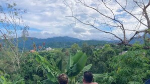 Two people relaxing in a hot tub with a view of a lush landscape and mountains in the background. - #G Tropical Rainforest Retreat Ocean View w/hottub (Luquillo)