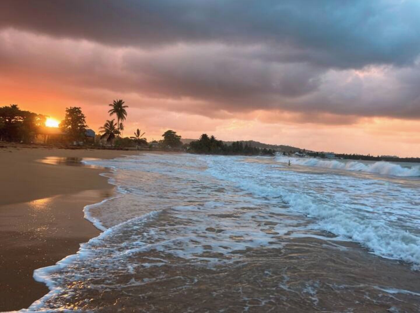 Ein Strand mit Wellen, Palmen und einem Sonnenuntergang.