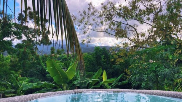 A clear view of a swimming pool surrounded by lush greenery and a mountainous landscape. - #G Tropical Rainforest Retreat Ocean View w/hottub (Luquillo)