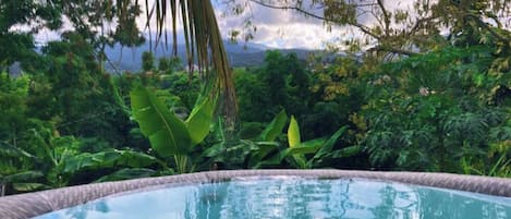 Una piscina con vista chiara su una vegetazione lussureggiante e un paesaggio montuoso.