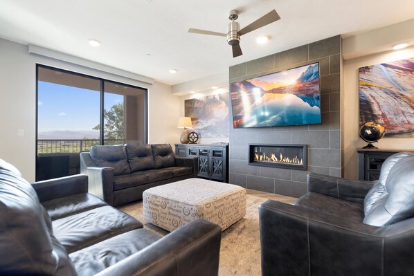 Smart TV, fireplace, books