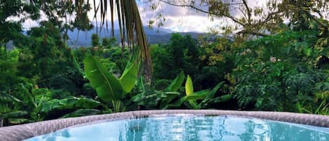 Una piscina blu cristallina circondata da vegetazione lussureggiante e alberi.