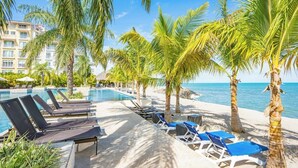 Een zwembadterras met ligbedden en palmbomen, met uitzicht op een heldere blauwe zee.