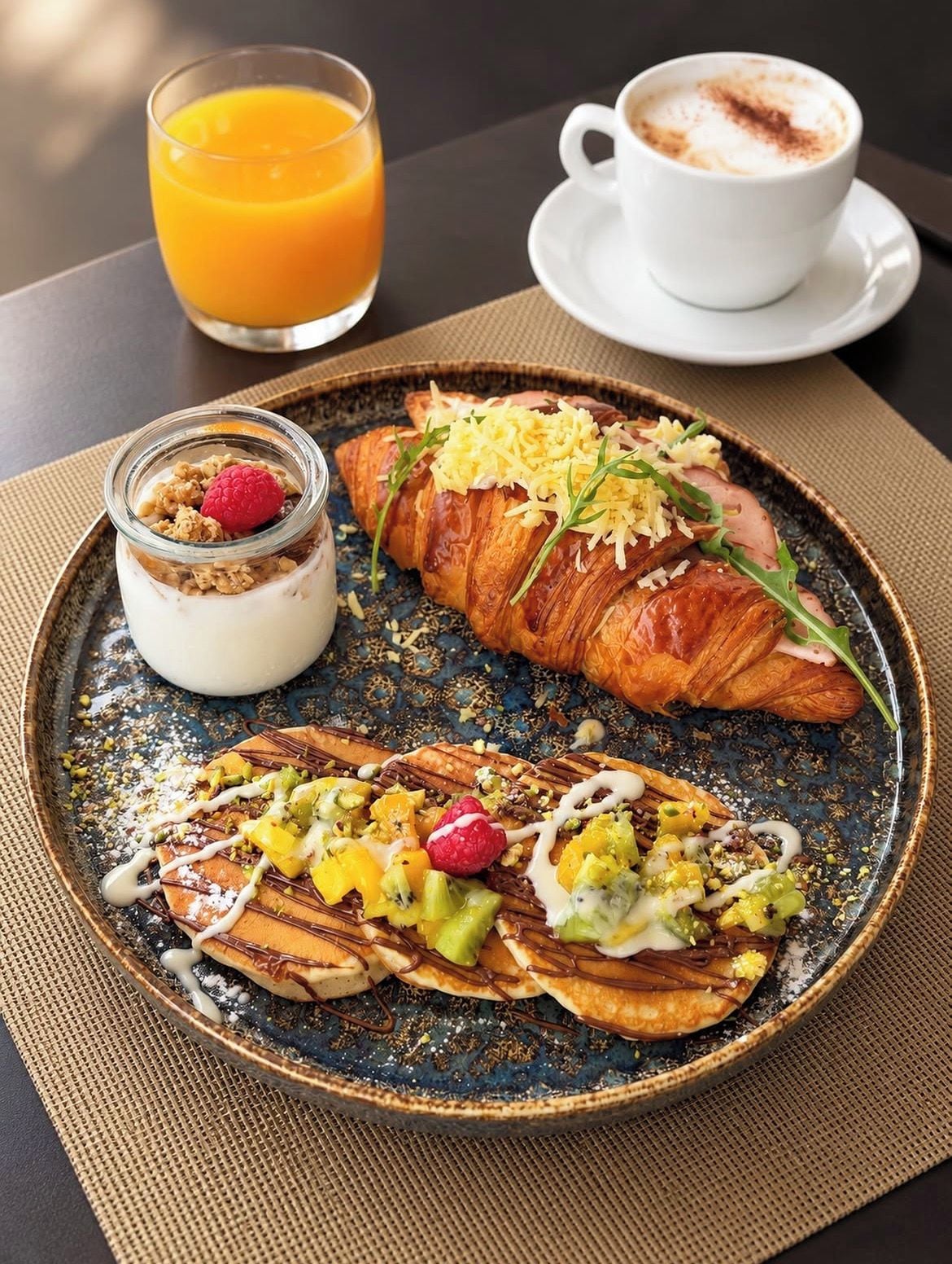 A breakfast setting with a croissant, a fruit-topped crepe, and a glass of orange juice.