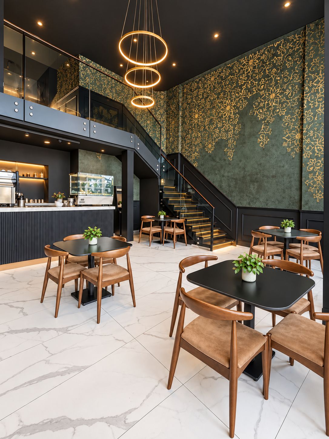 A modern interior with a bar area, seating, and a staircase.
