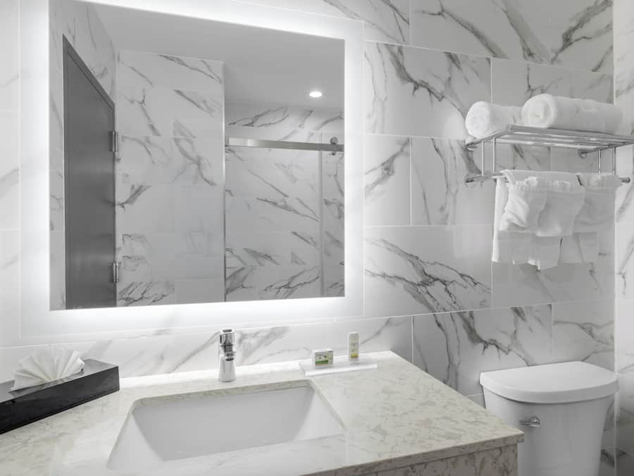 Shower, rainfall showerhead, free toiletries, hair dryer