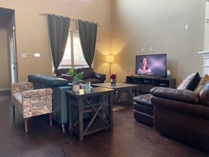 TV, fireplace, books