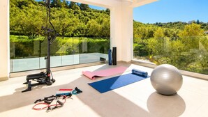 A modern gym with exercise equipment, yoga mats, and a large exercise ball. - Villa Vatia 3 - Three Bedroom Villa, Sleeps 8 (Ionian Islands)