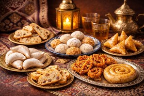 Variedad de pasteles tradicionales y una tetera sobre una mesa con mantel estampado.