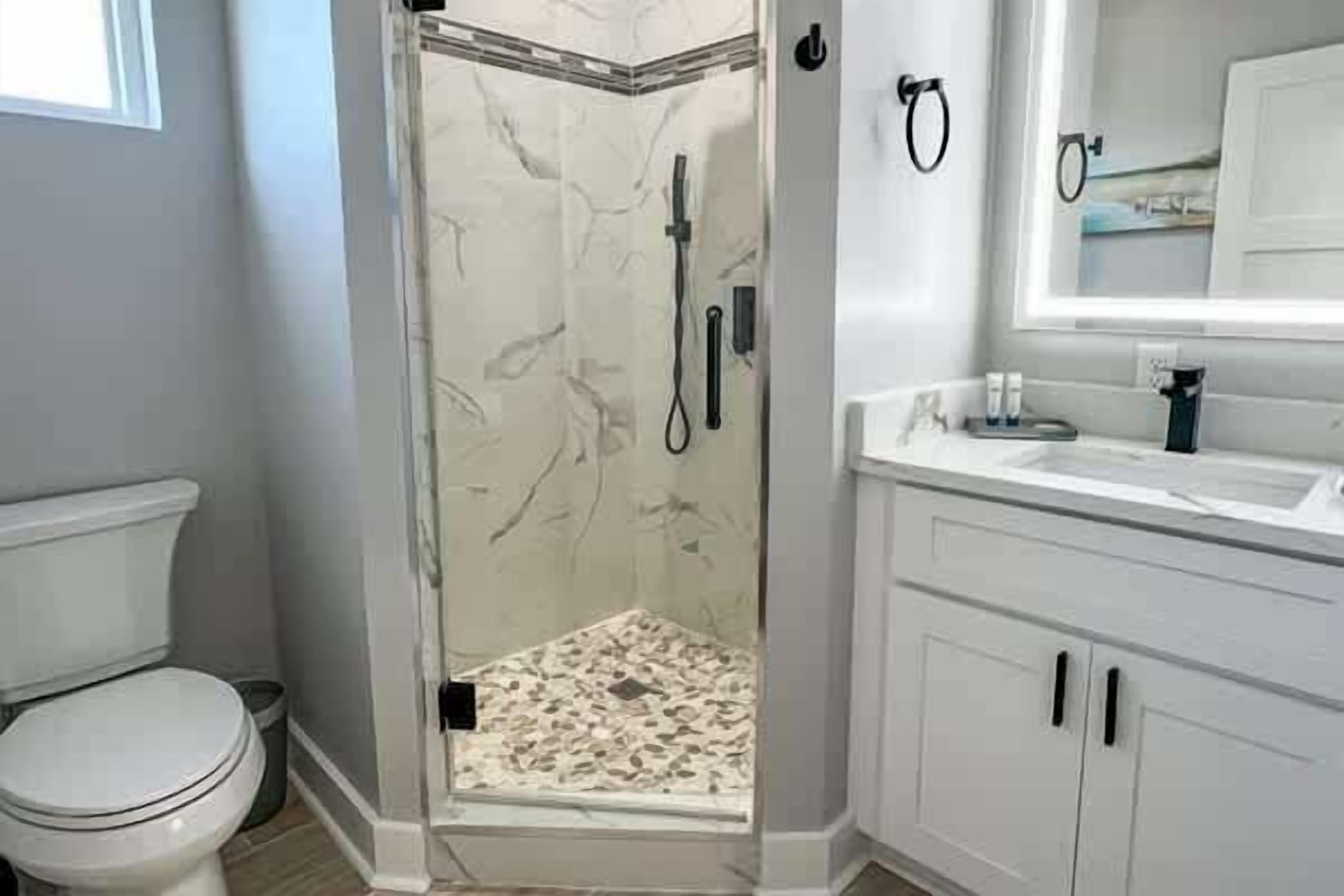 A bathroom with a shower, toilet, and vanity.
