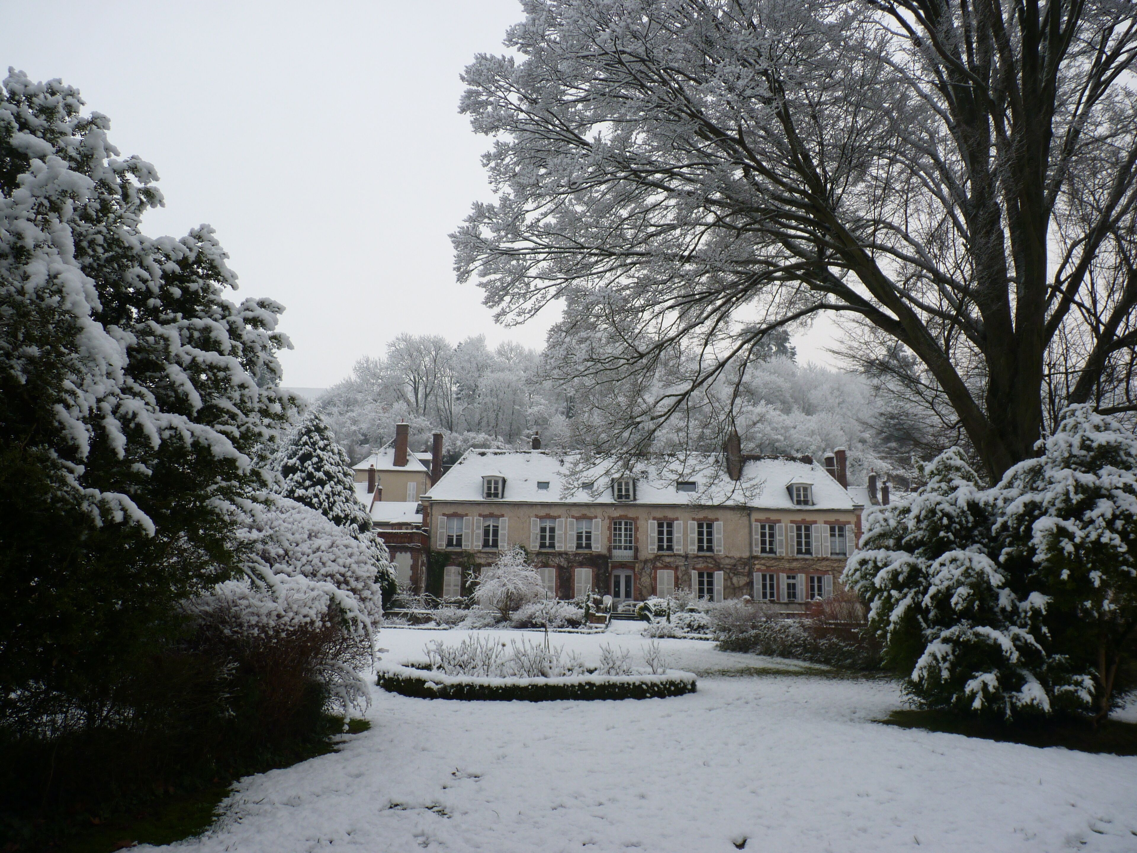A snow-covered landscape with a large tree and a building with multiple chimneys.