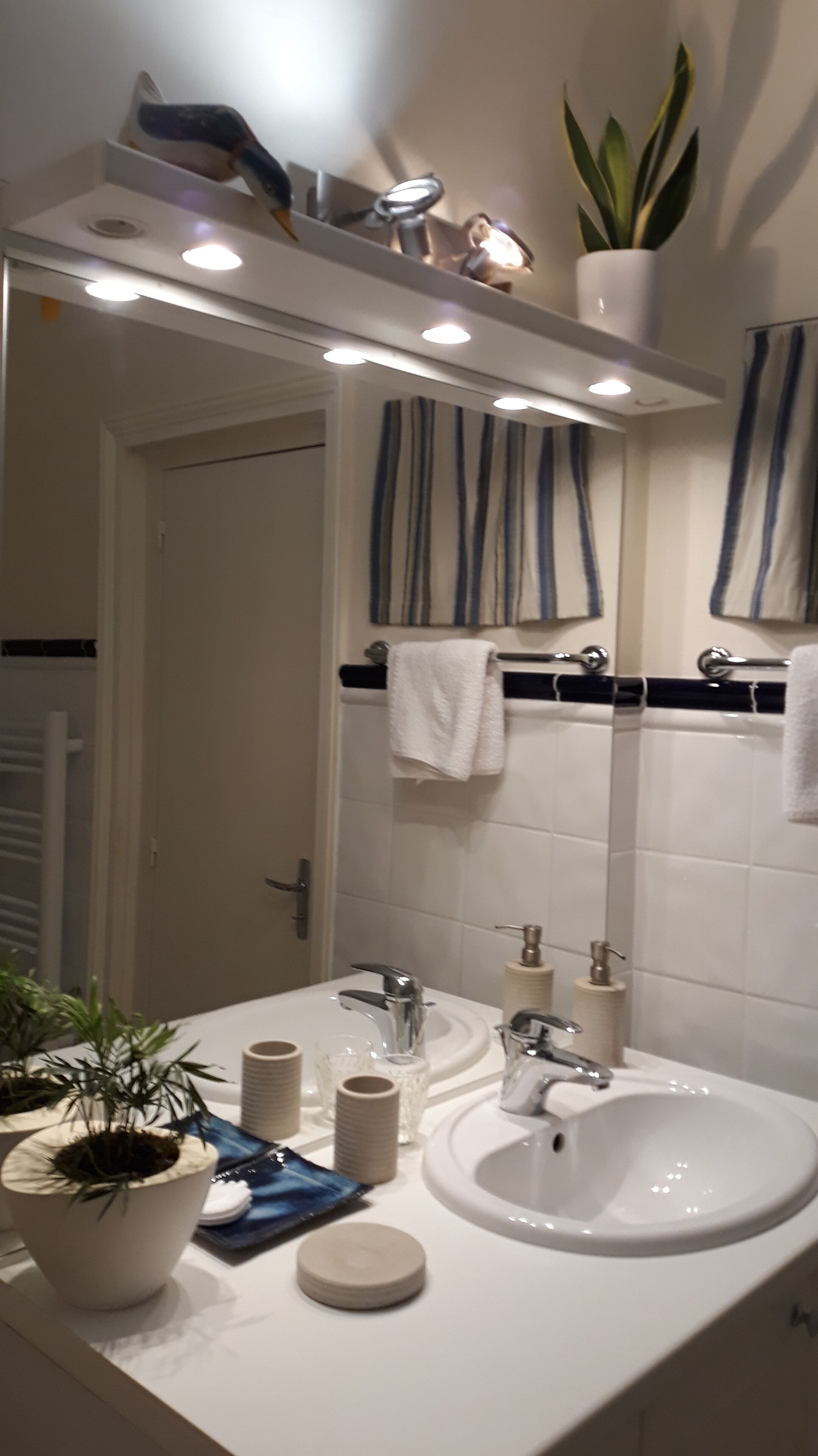 Un baño con un lavamanos blanco, dos espejos, un toallero, una planta en maceta y una cortina de ducha.