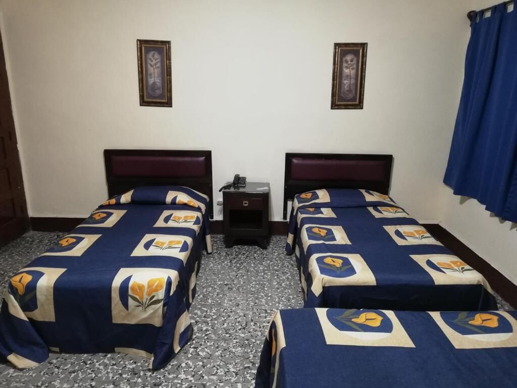 Een kamer met twee bedden, elk voorzien van een bedovertrek met dessin, een nachtkastje en wanddecoratie in lijsten.