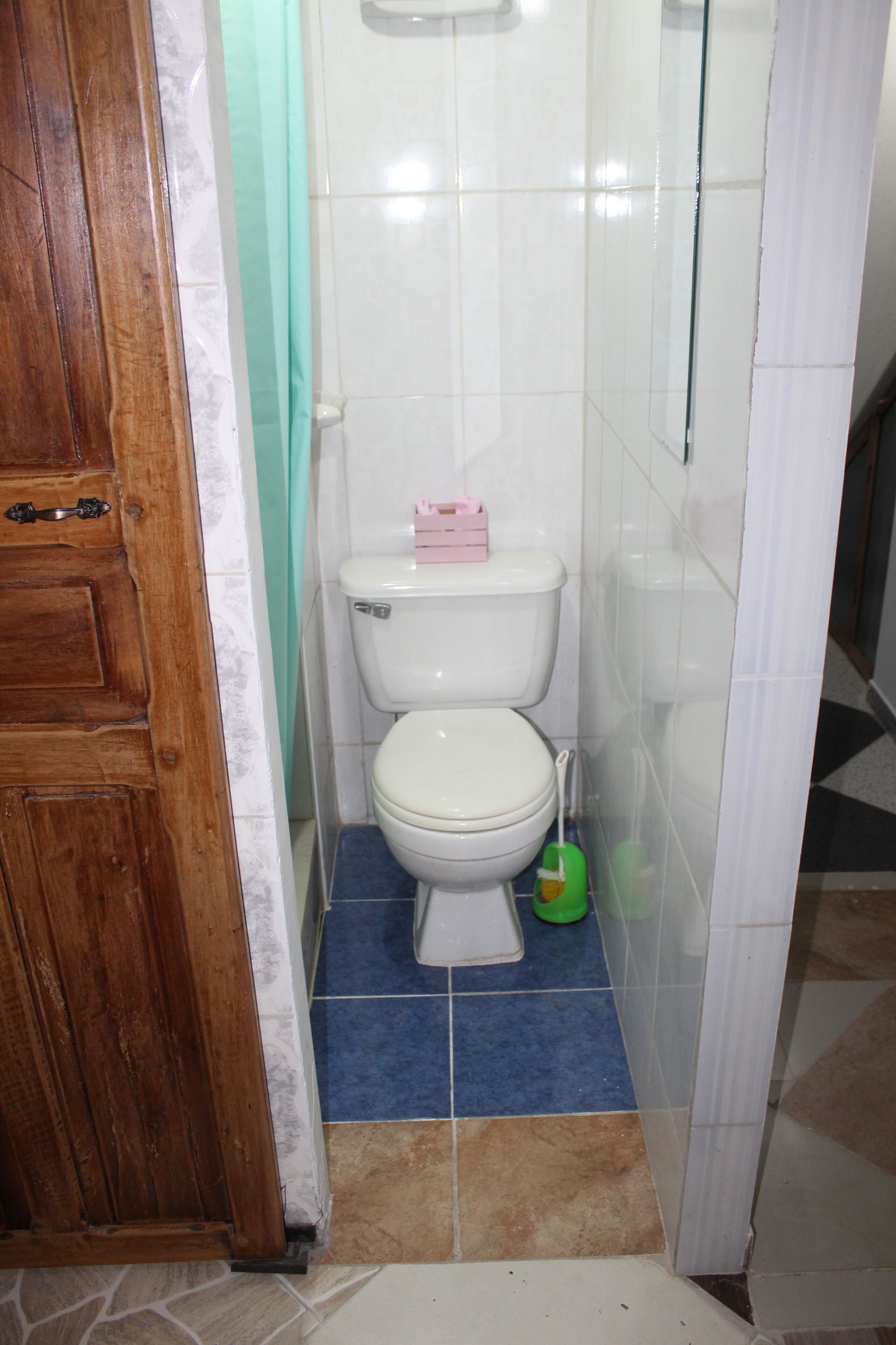 A bathroom with a toilet, a shower curtain, and a blue floor.