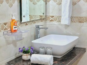 Shower, hair dryer, bidet, towels