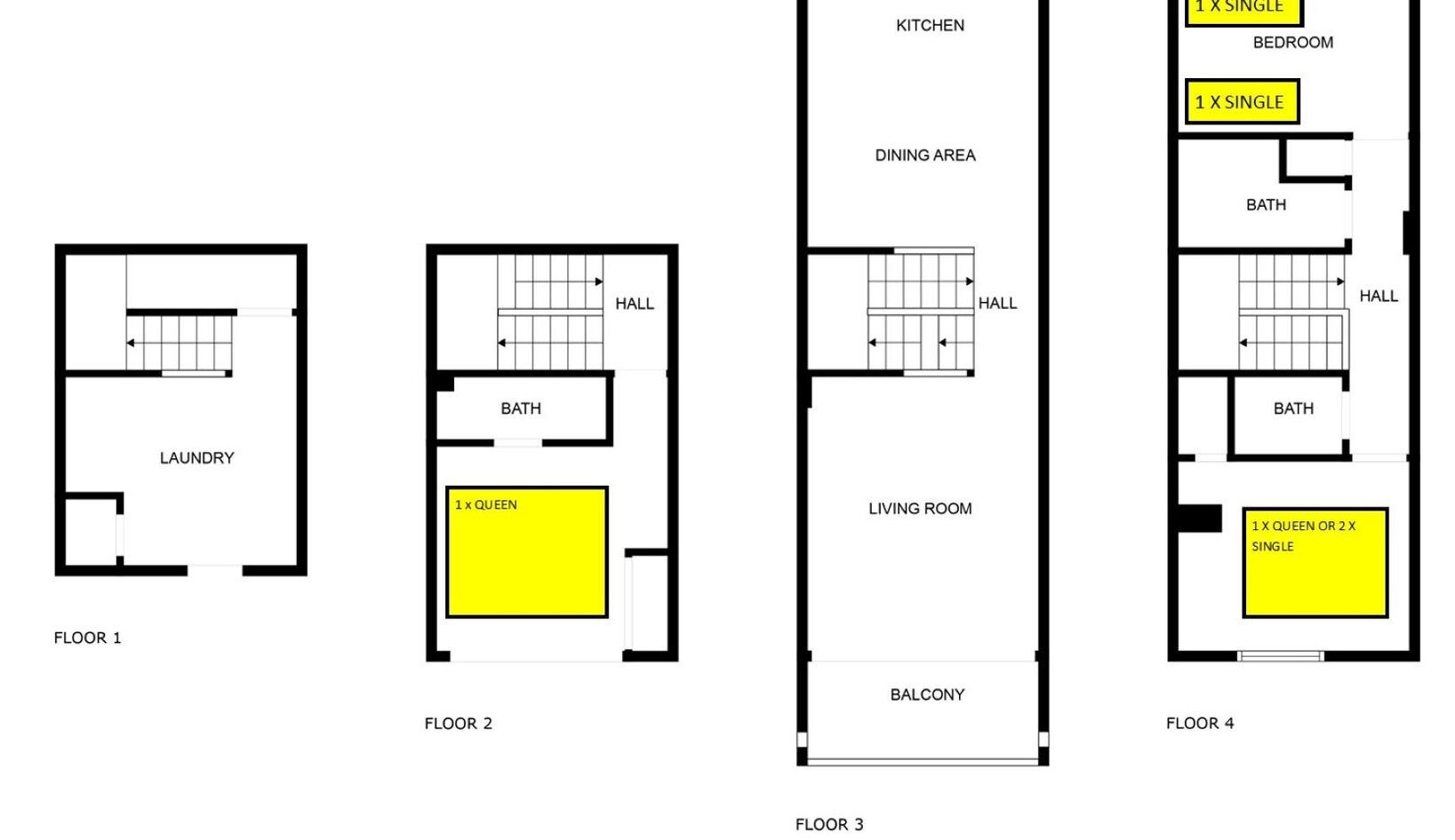 Planos de distribución de cuatro niveles de un edificio, señalando espacios como la cocina, comedor, sala de estar y balcones.