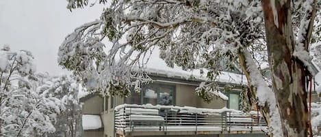 A residential building with a balcony covered in snow, surrounded by snow-covered trees.