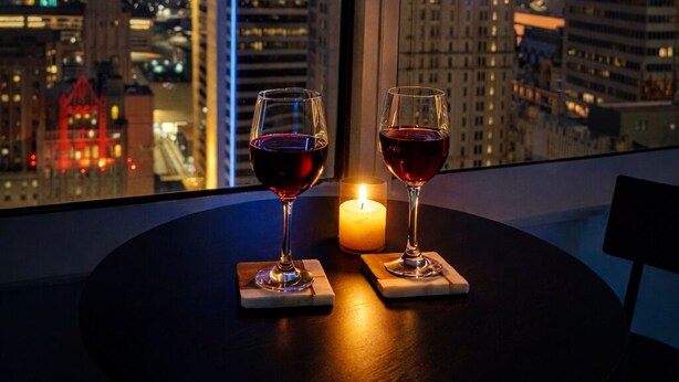 A table with two wine glasses and a candle, overlooking a cityscape with illuminated buildings. - Downtown Dallas - King Bed + Free Parking - Pool (Dallas)