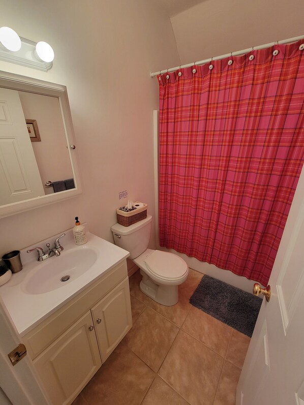 A bathroom with a white sink, a toilet, a red plaid shower curtain, and a mirror above the sink.